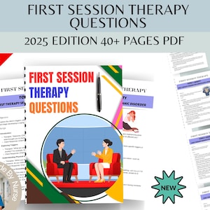 以下が含まれることがあります： 「First Session Therapy Questions」というタイトルのデジタルダウンロードで、「2025 Edition 40+ Pages PDF」というテキストが含まれています。画像にはペン、セラピーセッションのイラスト、および「75% OFF」バナーが描かれています。「NEW」バッジも表示されています。