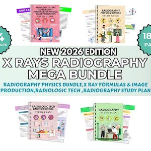 May include: A bundle of radiography study guides. The image shows four study guides with titles such as "Radiology X-Ray Technologist" and "Radiography Physics Bundle." The text "New 2026 Edition X Rays Radiography Mega Bundle" is also visible.