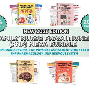 Puede incluir: Un conjunto de guías de estudio para estudiantes de enfermería familiar (FNP). La imagen muestra cuatro productos, incluyendo FNP Board Review, FNP Physical Assessment Study Exam, FNP Pharmacology y FNP Nervous System. El conjunto está etiquetado como "NEW 2026 EDITION" y contiene más de 200 páginas.