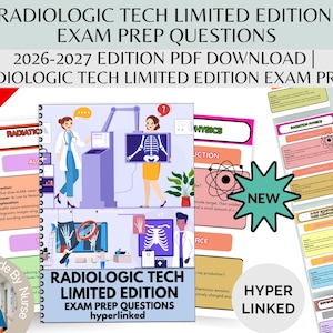 May include: A digital study guide titled Radiologic Tech Limited Edition Exam Prep Questions 2026-2027 Edition PDF Download. The cover features illustrations of medical professionals with X-ray equipment and skeletal imagery on a spiral-bound document.