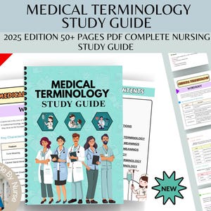 Puede incluir: Una guía de estudio de terminología médica titulada "MEDICAL TERMINOLOGY STUDY GUIDE" con el texto "2025 EDITION 50+ PAGES PDF COMPLETE NURSING STUDY GUIDE". La portada presenta ilustraciones de profesionales médicos.