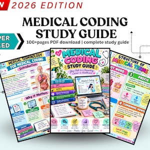 May include: A 2026 edition medical coding study guide in PDF format. The image displays three colourful, illustrated educational pages featuring medical terminology, anatomy diagrams, coding guidelines, and study plans with text.