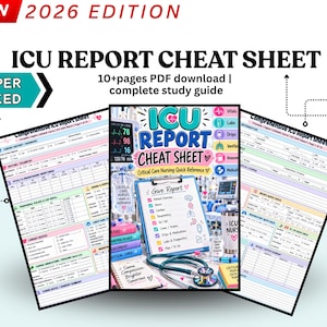 Puede incluir: Una guía de estudio digital en PDF de más de 10 páginas, edición 2026, titulada ICU Report Cheat Sheet. El documento incluye plantillas de informes clínicos con secciones para el seguimiento del paciente, datos cardíacos, respiratorios y médicos.