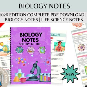 May include: A purple Biology Notes study guide with a microscope, beakers, and molecular graphics. The cover text reads "Biology Notes Study Guide." Additional pages show diagrams and text about biology. The image also includes the text "2026 Edition Complete PDF Download | Biology Notes | Life Science Notes."