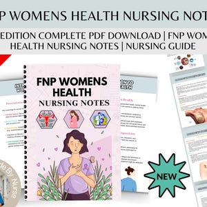 May include: A spiral-bound notebook titled "FNP WOMENS HEALTH NURSING NOTES" with a woman illustration. The image includes pages with medical information, a "NEW" sticker, and text: "2026 EDITION COMPLETE PDF DOWNLOAD | NURSING GUIDE".
