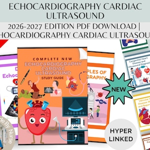 Puede incluir: Una colección de materiales educativos sobre ecocardiografía. La imagen presenta una guía de estudio con ilustraciones del corazón y equipos médicos, junto con el texto "ECHOCARDIOGRAPHY CARDIAC ULTRASOUND". Se ve un banner "75% OFF".