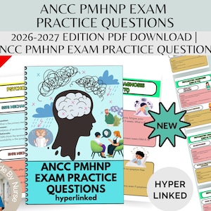 Könnte beinhalten: Ein digitaler Studienführer für die ANCC PMHNP-Prüfung. Das Cover zeigt eine Gehirnsilhouette mit Gedankenblasen, ein Notizbuch und Karteikarten. Der Text lautet "ANCC PMHNP EXAM PRACTICE QUESTIONS" mit einem Banner "75% OFF".