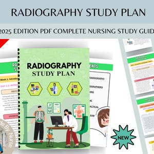 Puede incluir: Una guía verde con espiral "Radiography Study Plan" con el texto "2025 Edition PDF Complete Nursing Study Guide". La portada presenta ilustraciones de profesionales médicos y pacientes. Una pancarta "75% OFF" está en la esquina superior izquierda.