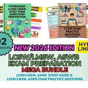 May include: A bundle of study materials for LCSW/LMSW and ASWB exam preparation. The image features a study guide, practice questions, and other resources. The text includes "NEW 2026 EDITION" and "MEGA BUNDLE".