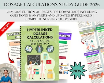 Könnte beinhalten: Ein Studienführer mit dem Titel "Hyperlinked Dosage Calculations Study Guide 2026 Edition" mit grünem Einband. Der Leitfaden enthält Fragen, Antworten und aktualisierte Hyperlinks. Das Bild zeigt auch Seiten mit Informationen zu Dosierungsberechnungen.