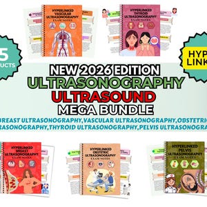 Peut inclure: Un ensemble de notes d'examen médical pour l'échographie, comprenant les zones mammaires, vasculaires, obstétricales, thyroïdiennes et pelviennes. L'image présente plusieurs cahiers à spirales avec des couvertures colorées et le texte "NEW 2026 EDITION ULTRASONOGRAPHY ULTRASOUND MEGA BUNDLE."