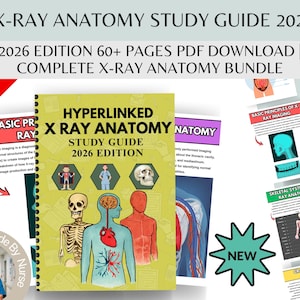 May include: A study guide titled "X-Ray Anatomy Study Guide 2026 Edition" with a green cover, featuring anatomical illustrations. The guide includes the text "60+ Pages PDF Download" and "Complete X-Ray Anatomy Bundle". A "75% Off" sticker is in the upper left corner.
