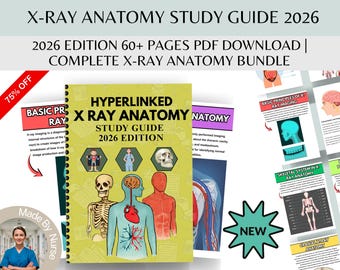 May include: A study guide titled "X-Ray Anatomy Study Guide 2026 Edition" with a green cover, featuring anatomical illustrations. The guide includes the text "60+ Pages PDF Download" and "Complete X-Ray Anatomy Bundle". A "75% Off" sticker is in the upper left corner.