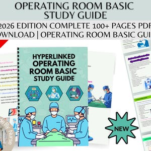 Puede incluir: Una guía de estudio titulada "OPERATING ROOM BASIC STUDY GUIDE" con el texto "2026 EDITION COMPLETE 100+ PAGES PDF DOWNLOAD". La portada presenta ilustraciones de profesionales médicos en un quirófano. Se ve una pancarta "75% OFF".