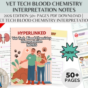 May include: A digital download of veterinary tech blood chemistry interpretation notes. The cover features a graphic of two people, a bear, and a dog. The text reads "Vet Tech Blood Chemistry Interpretation Notes" and "2026 Edition 50+ Pages PDF Download".