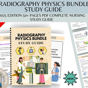 Könnte beinhalten: Ein Studienführer mit dem Titel "Radiography Physics Bundle" mit dem Text "2025 Edition 50+ Seiten PDF Complete Nursing Study Guide". Das Cover zeigt Illustrationen von medizinischem Fachpersonal und Röntgenbildern. Ein Banner "75% OFF" ist sichtbar.