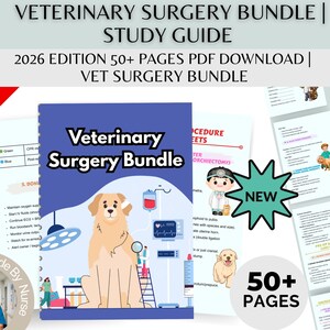 May include: A digital veterinary surgery study guide bundle. The cover features a golden retriever illustration, medical equipment, and the text "Veterinary Surgery Bundle". Includes over 50 pages of downloadable content.