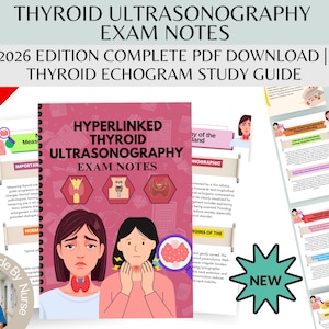 Puede incluir: Una guía de estudio digital para las notas del examen de ultrasonografía tiroidea. La portada presenta el título "Hyperlinked Thyroid Ultrasonography Exam Notes" con ilustraciones y el texto "2026 Edition Complete PDF Download | Thyroid Echogram Study Guide."