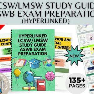 Puede incluir: Una guía de estudio para la preparación del examen LCSW/LMSW. La portada presenta el texto "HYPERLINKED LCSW/LMSW STUDY GUIDE ASWB EXAM PREPARATION" con ilustraciones de un birrete, libros y un cerebro. La imagen también incluye el texto "135+ PAGES" y una pancarta "75% OFF".