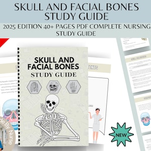 Puede incluir: Una guía de estudio titulada "SKULL AND FACIAL BONES STUDY GUIDE" con el texto "2025 EDITION 40+ PAGES PDF COMPLETE NURSING STUDY GUIDE". La portada presenta ilustraciones de huesos y un esqueleto. Una pancarta "75% OFF" está en la esquina superior izquierda.