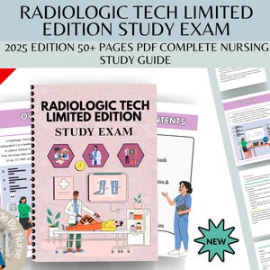 May include: A study guide titled "RADIOLOGIC TECH LIMITED EDITION STUDY EXAM" with the text "2025 EDITION 50+ PAGES PDF COMPLETE NURSING STUDY GUIDE." The cover features illustrations of medical scenarios. A "75% OFF" banner is visible.