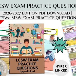May include: A digital study guide for the LCSW exam, featuring practice questions for the 2026-2027 edition. The image includes illustrations of students, books, and a brain, with the text "LCSW Exam Practice Questions" and "Hyperlinked".