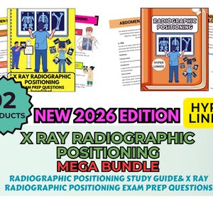 Könnte beinhalten: Ein digitales Lernpaket mit dem Titel X Ray Radiographic Positioning Mega Bundle, New 2026 Edition. Es enthält zwei Produkte: einen spiralgebundenen Leitfaden und ein Lehrbuch, beide mit Illustrationen von medizinischem Fachpersonal.