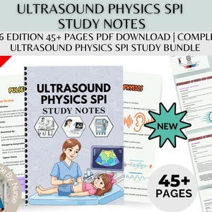 Könnte beinhalten: Ein Notizbuch mit dem Titel "ULTRASOUND PHYSICS SPI STUDY NOTES" mit einer Cartoon-Illustration eines medizinischen Fachangestellten, der einen Ultraschall an einem Kind durchführt. Das Bild enthält den Text "2026 EDITION 45+ PAGES PDF DOWNLOAD | COMPLETE ULTRASOUND PHYSICS SPI STUDY BUNDLE".