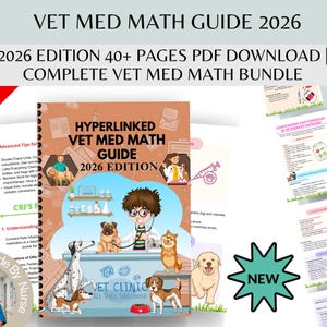 Może przedstawiać: Cyfrowy przewodnik zatytułowany "VET MED MATH GUIDE 2026" z tekstem "2026 EDITION 40+ PAGES PDF DOWNLOAD | COMPLETE VET MED MATH BUNDLE." Okładka zawiera ilustracje psów i weterynarza. Baner "75% OFF" znajduje się w rogu.
