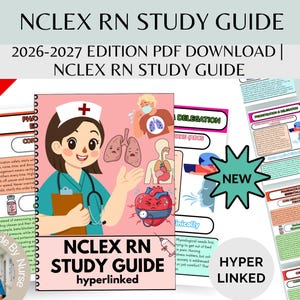 Puede incluir: Una guía de estudio para el examen NCLEX RN, con una ilustración de enfermera de dibujos animados en la portada. La guía incluye el texto "NCLEX RN STUDY GUIDE" y "2026-2027 EDITION PDF DOWNLOAD". Se ven páginas adicionales con información médica.