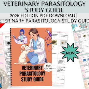 Peut inclure: Un guide d'étude orange intitulé "Veterinary Parasitology Study Guide" avec une illustration de dessin animé d'un vétérinaire et d'un chiot. Le guide comprend le texte "2026 Edition PDF Download" et "New Edition". Une bannière "75% Off" est en haut à gauche.