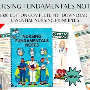 Puede incluir: Una colección de guías de estudio y notas de enfermería, que incluye un libro encuadernado en espiral titulado "Nursing Fundamentals Notes" con ilustraciones de profesionales médicos. La imagen también presenta una pancarta "75% OFF" y el texto "2026 Edition Complete PDF Download | Essential Nursing Principles."