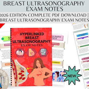 May include: A red spiral-bound book titled "Hyperlinked Breast Ultrasonography Exam Notes" with illustrations of the breast and ultrasound equipment. The image also shows several pages of notes and the text "2026 Edition Complete PDF Download".