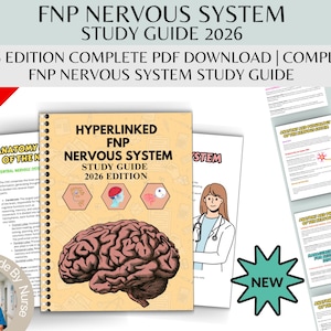 May include: A study guide titled "FNP Nervous System Study Guide 2026 Edition" with a spiral binding. The cover features a brain illustration and the text "Hyperlinked FNP Nervous System Study Guide 2026 Edition". Additional pages and a "75% OFF" sticker are also visible.