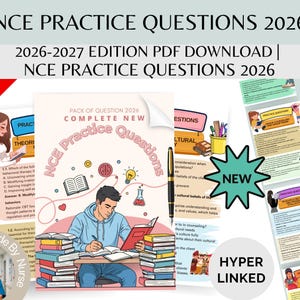 May include: An advertisement for NCE Practice Questions 2026, a PDF download for the 2026-2027 edition. The image features a student studying, a stack of books, and a 'New' badge. The text includes 'Hyper Linked' and a 75% off promotion.