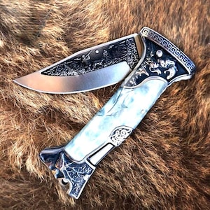 White Pearl Embossed Sculpture Vintage Knife 9&quot; Best Folding Knife for Hunting, Camping Gift for Father, Husband, Boyfriend - VuMaker-221