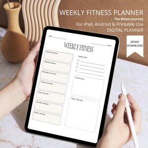 Peut inclure: Un planificateur de fitness hebdomadaire numérique affiché sur une tablette. Le planificateur comprend des sections pour les exercices quotidiens, les objectifs hebdomadaires et les notes. Le texte "WEEKLY FITNESS PLANNER" est visible.