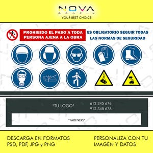 Cartel señalización obra personalizable | Señales normas seguridad | Añade logo e info | Descarga digital editable