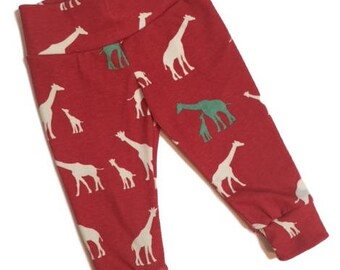 baby leggings, baby pants, giraffe leggings, birch organics, organic knit leggings, red, whit & green baby leggings, unisex baby leggings