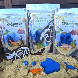 Dinosaur Birthday Party Favor Kit with Kinetic Sand – Dino Dig Goody Bag with Mini Dinosaurs, Gem, Foot Mold & T-Rex or Triceratops Skeleton