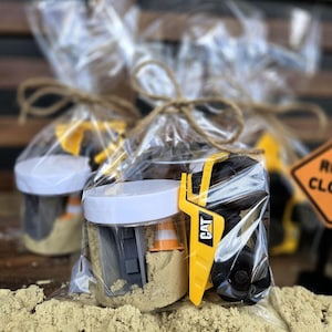Construction  Themed Party Favor– Mini Construction Vehicle Toy, construction party decor, Kinetic Sand, Cinderblock, Traffic Cones.