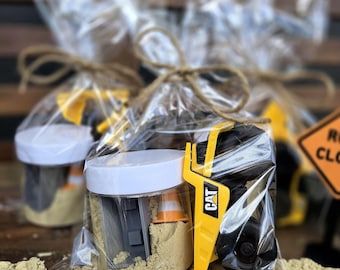 Construction  Themed Party Favor– Mini Construction Vehicle Toy, construction party decor, Kinetic Sand, Cinderblock, Traffic Cones.