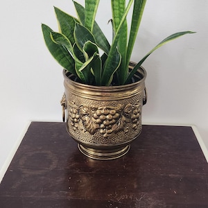 Vintage Brass planter made in England with grapevine pattern and abd lion head with ring handles
