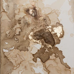 Puede incluir: Obra de arte abstracta con superficie texturizada. La obra presenta una mezcla de tonos marrón, beige y blanco, con acentos de pan de oro. El diseño se asemeja a formas orgánicas y patrones fluidos, creando una textura visual única.