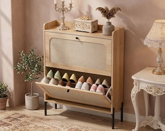 Rattan Shoe Storage Cabinet, Wooden Entryway Organizer, Hidden Shoe Rack, Modern Hallway Furniture