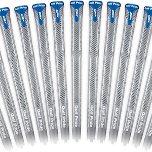 May include: A collection of golf club grips. The grips are silver with a textured pattern and the words "Golf Pride" printed on them. The top of each grip is blue with the text "CPX".