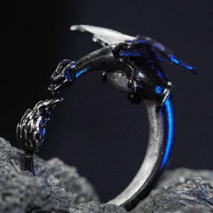 May include: A silver ring featuring a black dragon design. The dragon has detailed wings and a curved body, with a smaller dragon-like figure on the opposite side of the ring. The ring is set against a dark background.