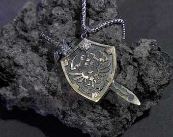 Master Sword & Hylian Shield Pendant, Legend of Ze/da Necklace, Handmade Silver 950 Gamer Jewelry, Cosplay Gift for Gamer, Christmas Gift