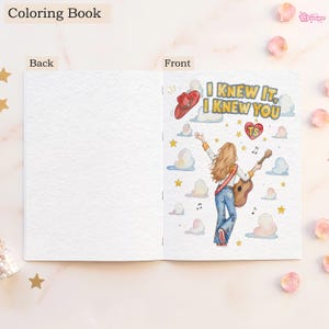 May include: A colouring book showing the back and front covers. The front cover features a person with long hair wearing jeans and a shirt, holding a guitar, with a red cowboy hat, clouds, stars, and the text I KNEW IT, I KNEW YOU and TS in a heart.