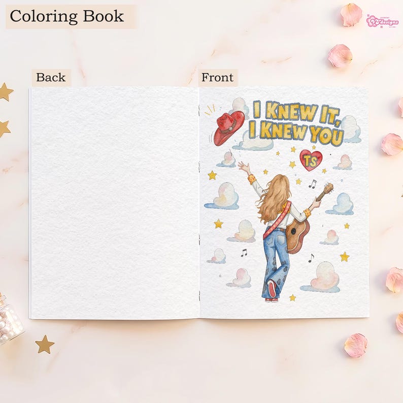 May include: A colouring book showing the back and front covers. The front cover features a person with long hair wearing jeans and a shirt, holding a guitar, with a red cowboy hat, clouds, stars, and the text I KNEW IT, I KNEW YOU and TS in a heart.